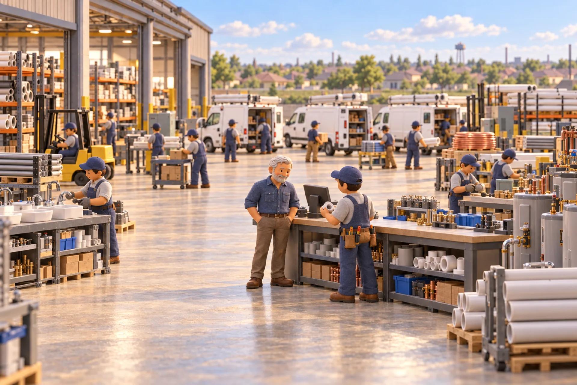 A clay model of a plumbing contractor's shop and yard in Texas, with the owner looking over the operation.