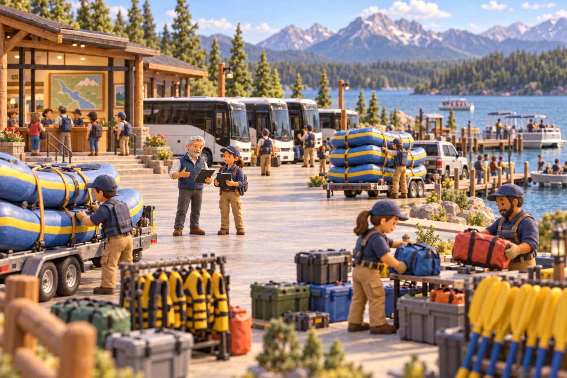 A clay model of a tour and travel company's base at a scenic lake in Montana, with the owner looking over the operation.