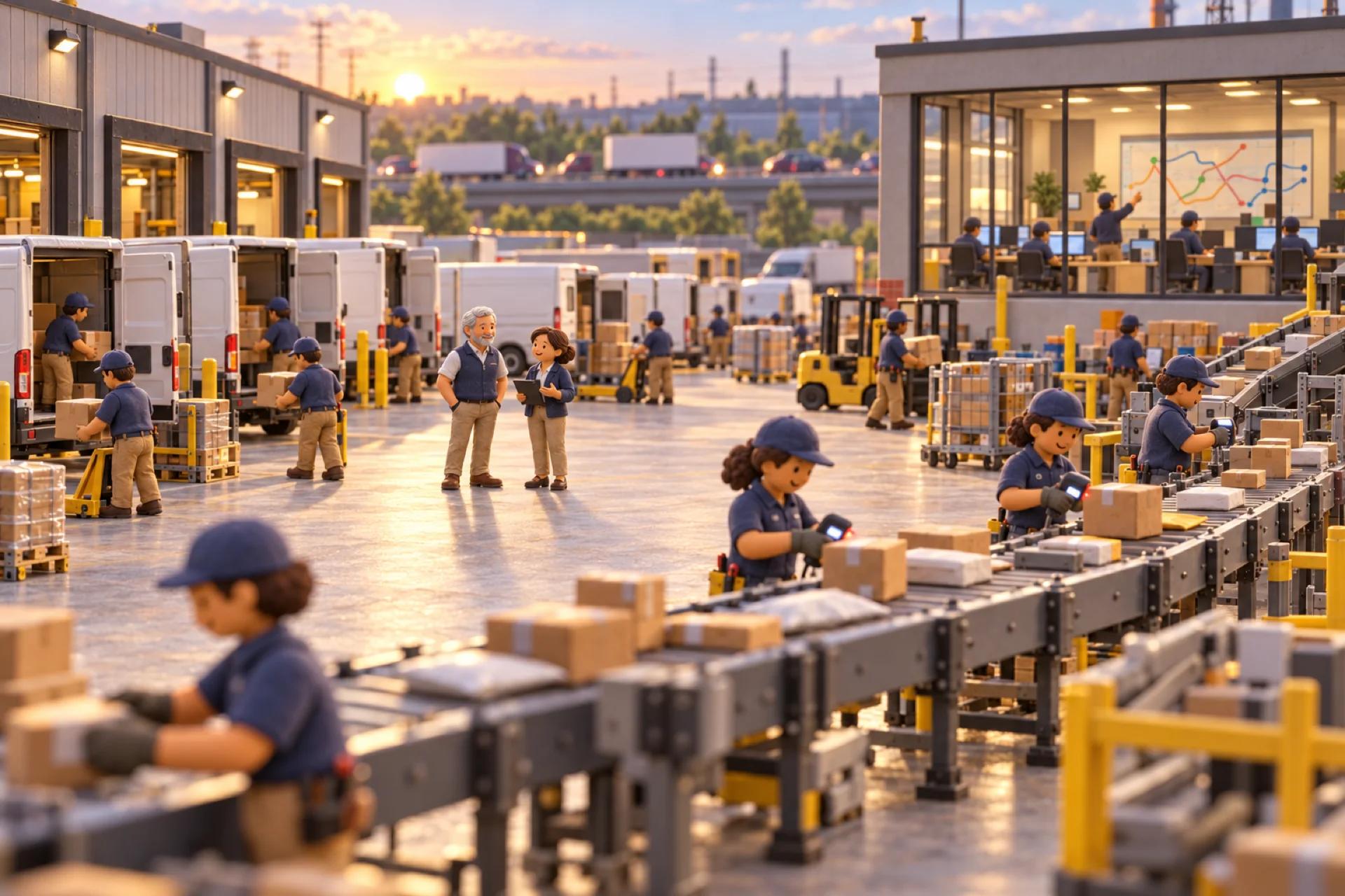 A clay model of a regional courier company's sorting hub in New Jersey at dawn, with the owner looking over the operation.