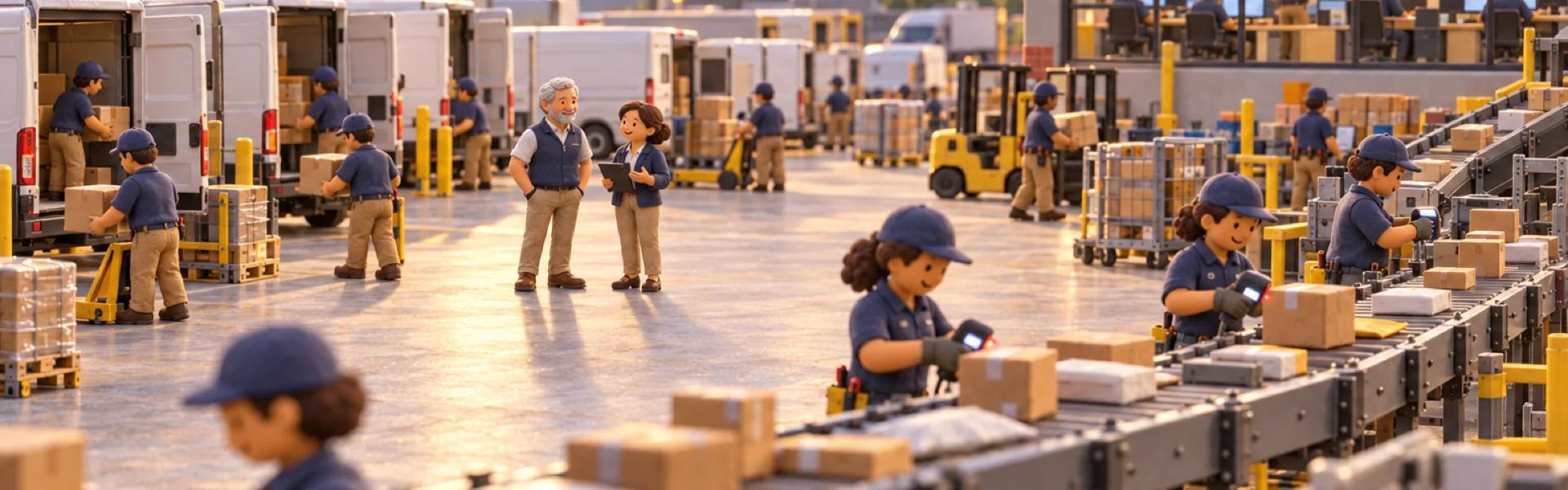 A clay model of a regional courier company's sorting hub in New Jersey at dawn, with the owner looking over the operation.
