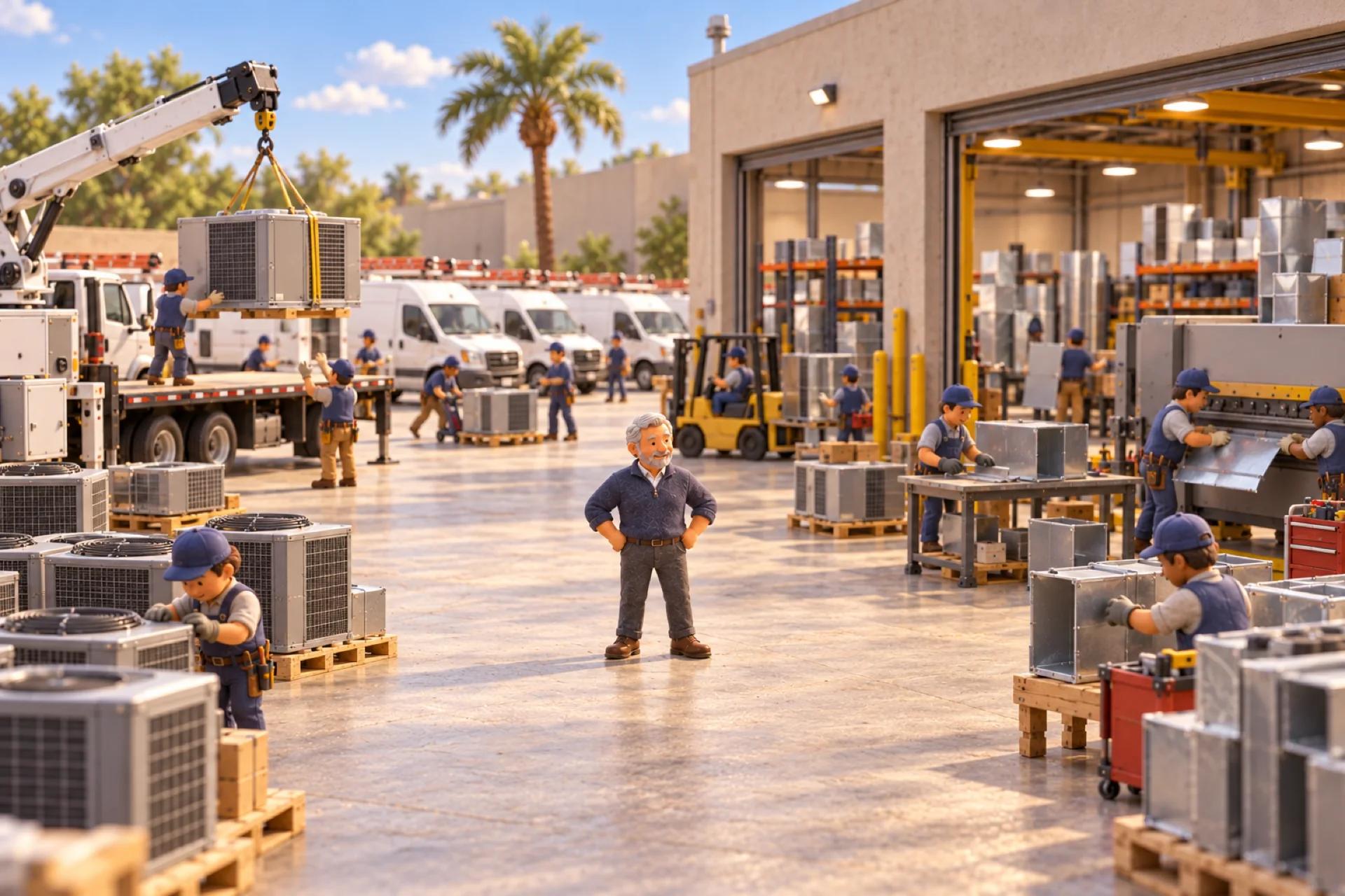 A clay model of an HVAC contractor's yard and service bay on a hot Sun Belt afternoon, with the owner looking over the operation.