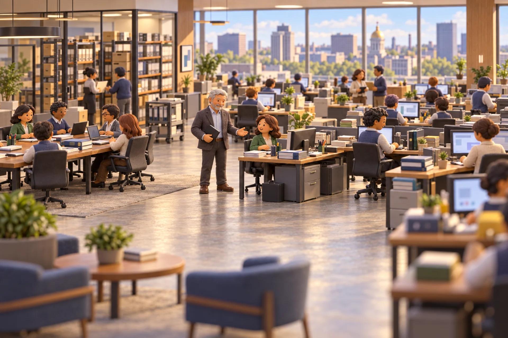 A clay model of an accounting and audit firm on the upper floor of a Hartford office tower, with the owner looking over the operation.