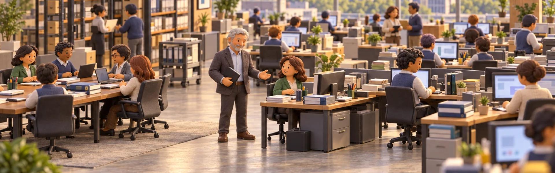 A clay model of an accounting and audit firm on the upper floor of a Hartford office tower, with the owner looking over the operation.