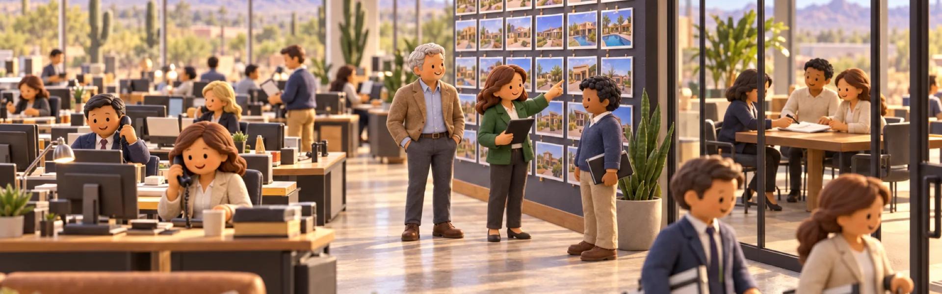 A clay model of a real estate brokerage in a Scottsdale office, with the owner looking over the operation.