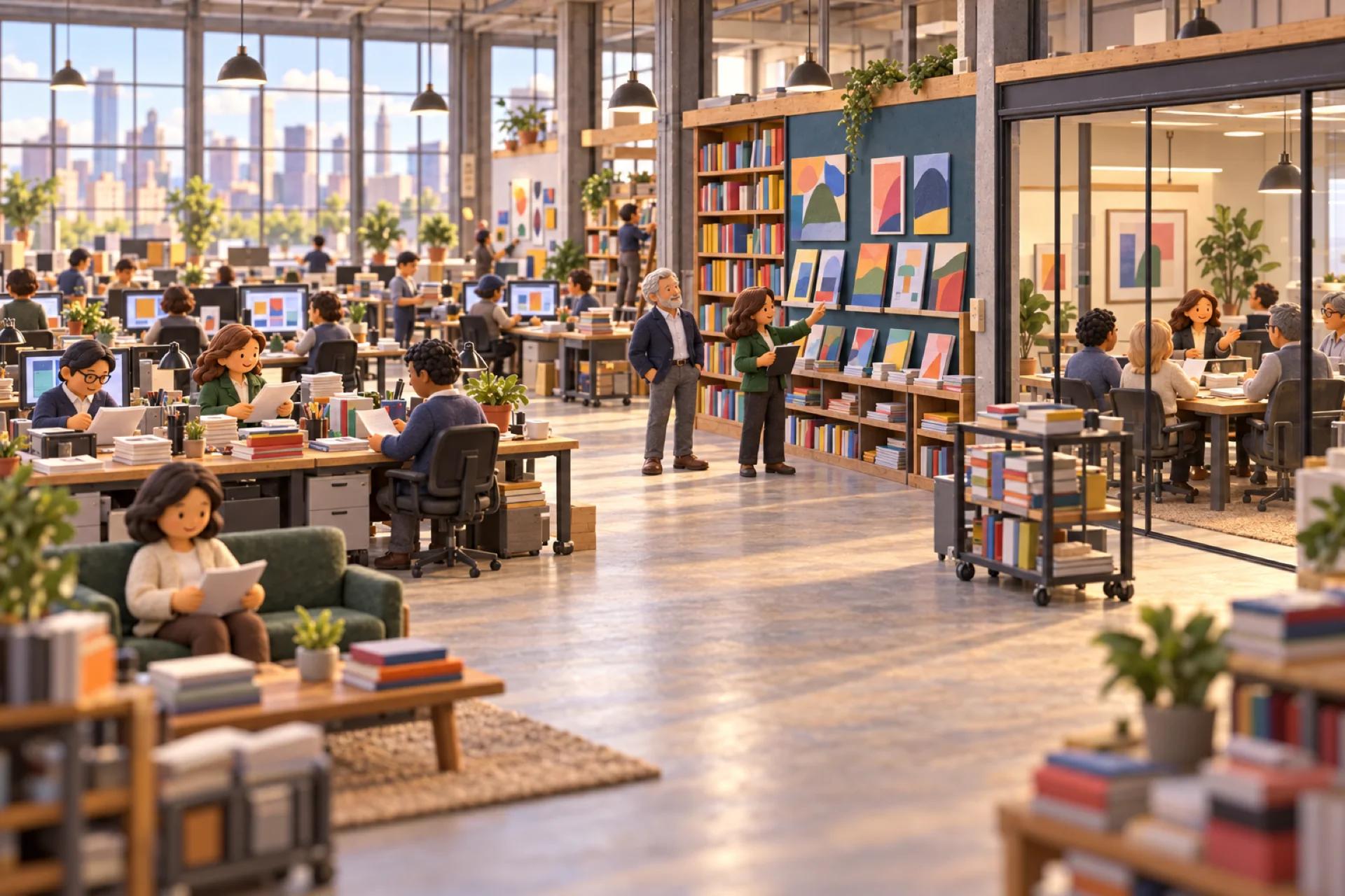 A clay model of a book publisher in a Manhattan loft, with the owner looking over the operation.