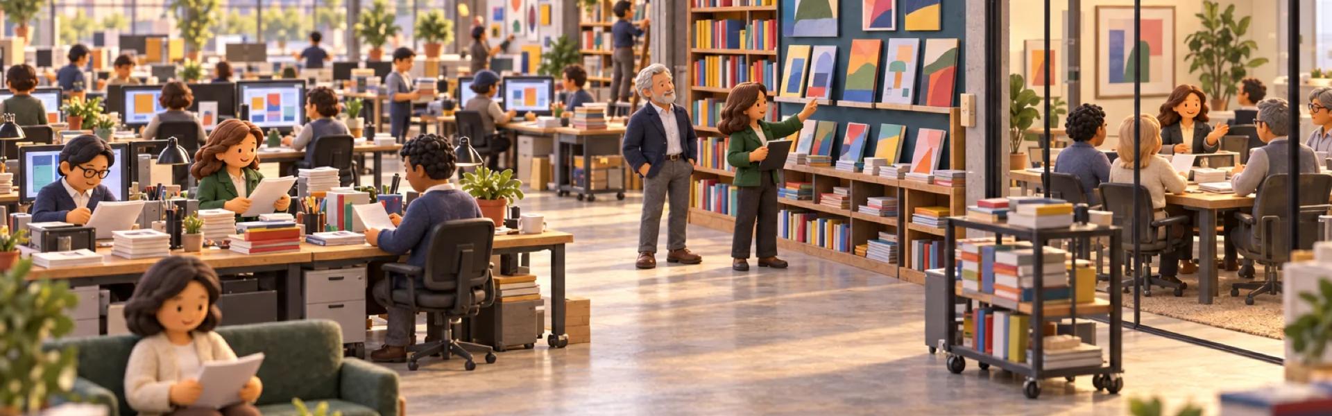 A clay model of a book publisher in a Manhattan loft, with the owner looking over the operation.