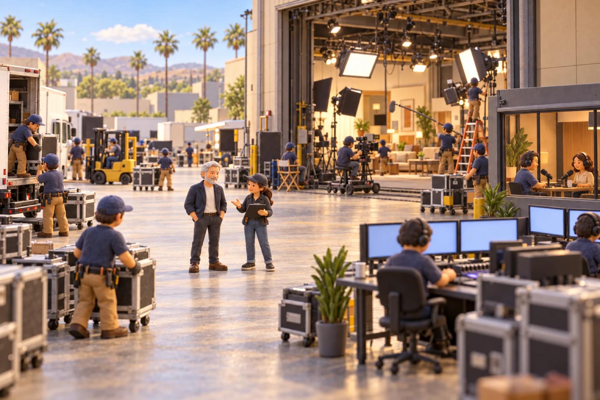 A clay model of a digital media company in a Los Angeles studio lot, with the owner looking over the operation.
