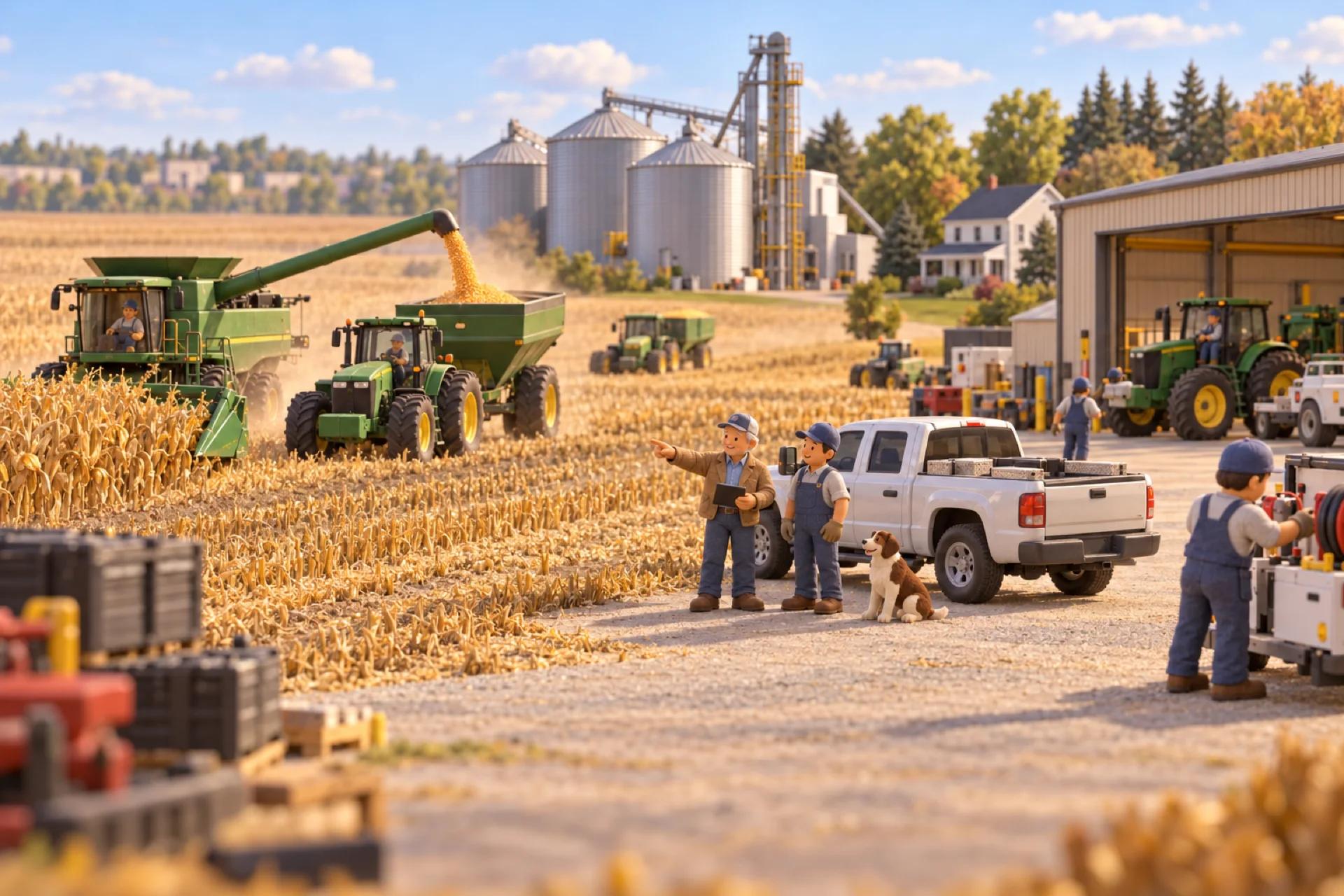 A clay model of a large farm operation in Iowa at harvest, with the owner looking over the operation.