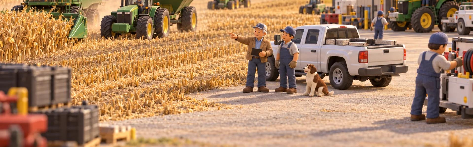 A clay model of a large farm operation in Iowa at harvest, with the owner looking over the operation.