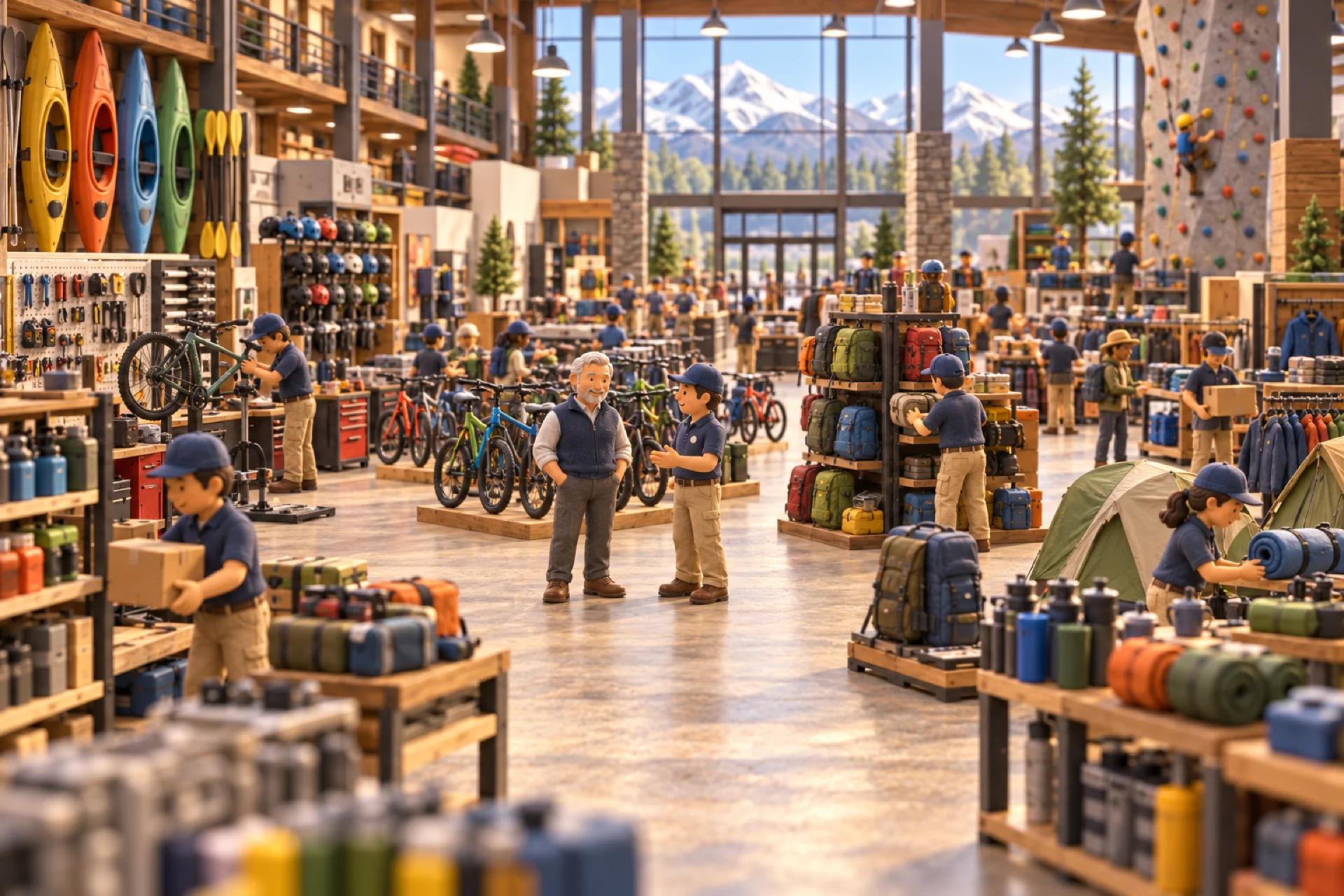 A clay model of a big sporting goods store in Colorado, cutaway, with the owner looking over the operation.