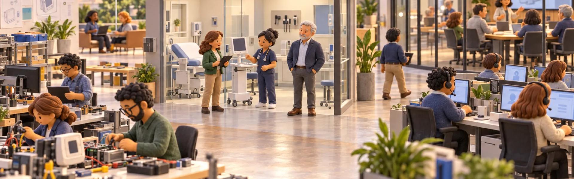 A clay model of a health technology company in a Nashville office park, with the owner looking over the operation.