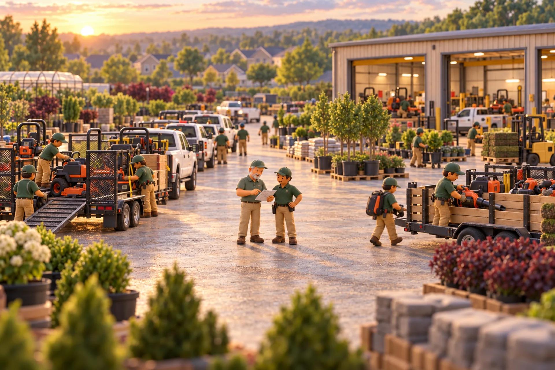 A clay model of a commercial landscaping company's yard in Virginia at dawn, with the owner looking over the operation.