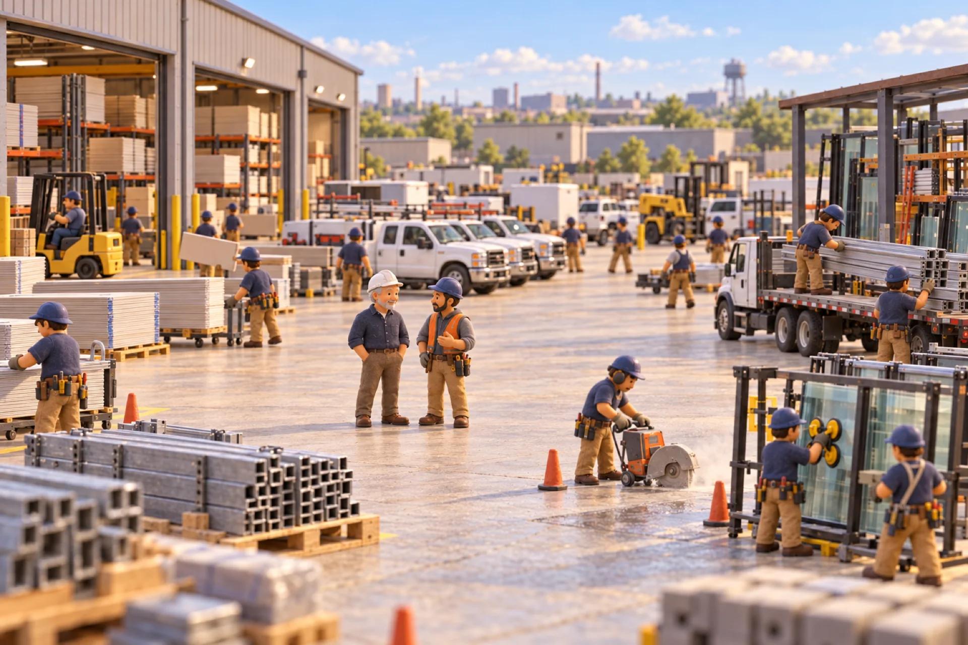 A clay model of a specialty trades contractor's yard in Illinois, with the owner looking over the operation.