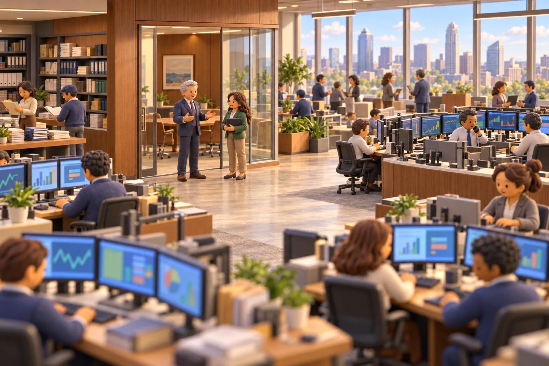 A clay model of an investment advisory firm in a Charlotte tower, with the owner looking over the operation.
