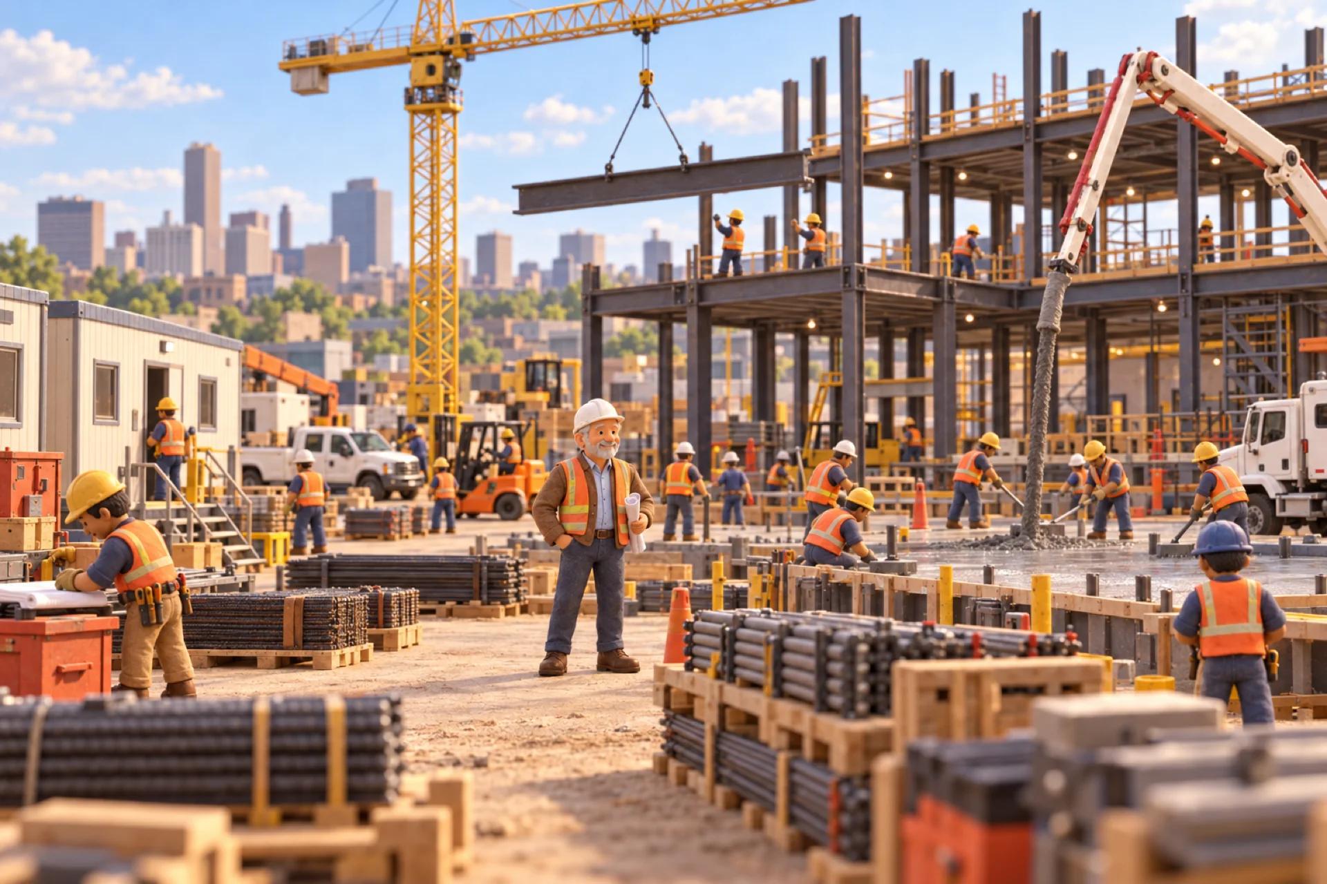 A clay model of a commercial construction site in a Midwestern city, with the owner looking over the operation.