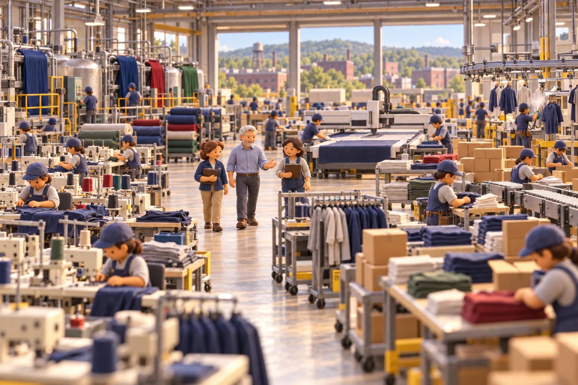 A clay model of a textile and apparel plant in North Carolina, with the owner looking over the operation.