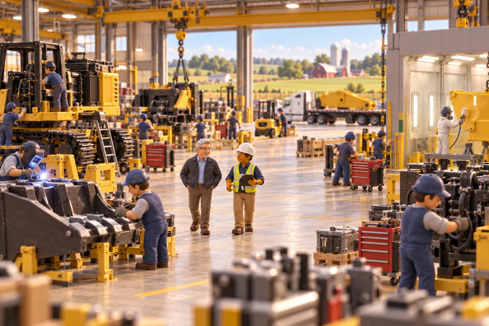 A clay model of a heavy machinery manufacturing plant in Wisconsin, with the owner looking over the operation.