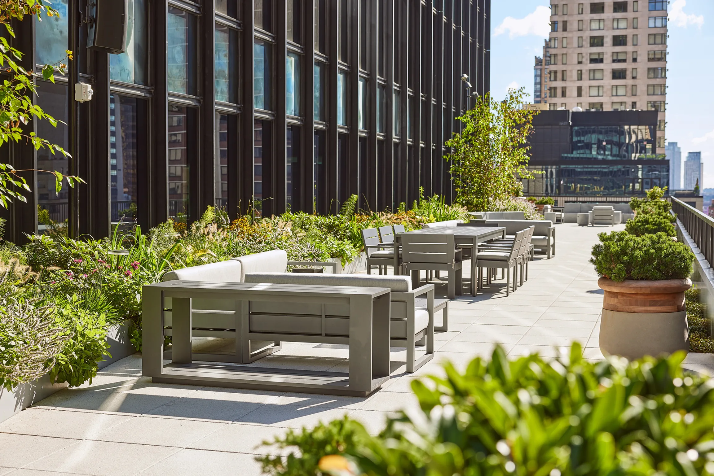 A serene rooftop terrace adorned with benches and lush green plants, offering a peaceful retreat. Located at 825 Third Ave's 12th floor.