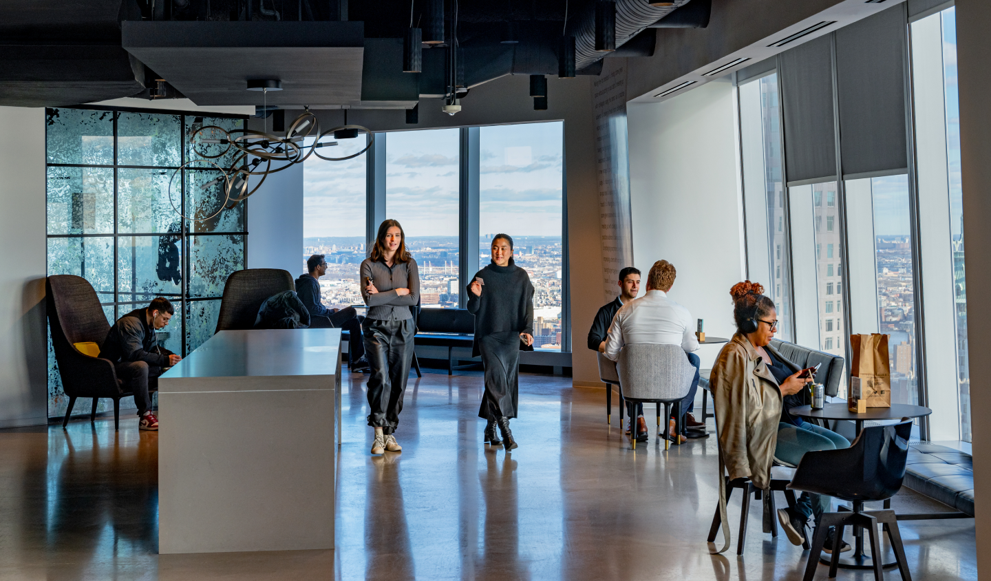Well& By Durst's Cafe at One World Trade Center—Located on the 64th floor featuring expansive views with a refreshing lounge space and game room.