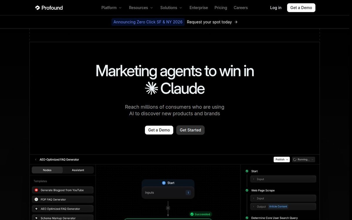 Profound homepage showing GEO analytics platform