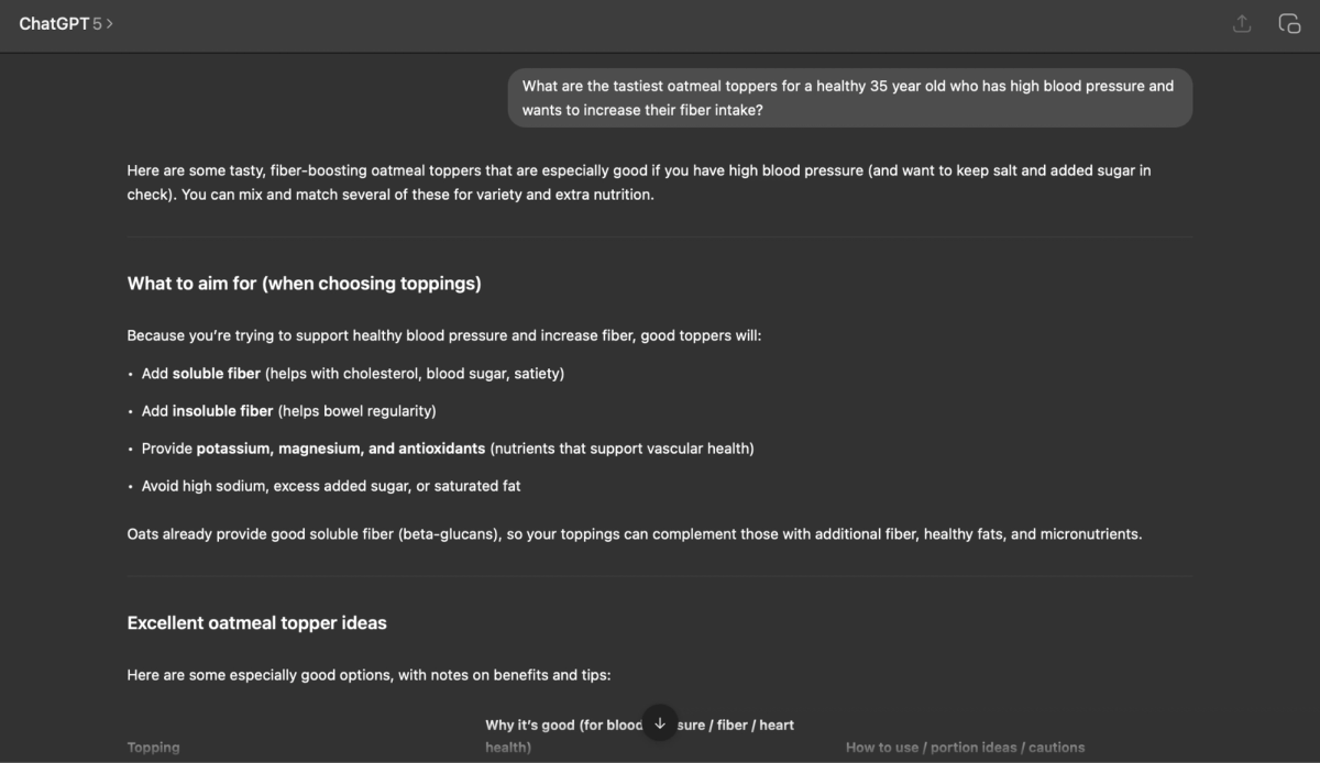 ChatGPT interface answering “What are the tastiest oatmeal toppers for a healthy 35-year-old with high blood pressure,” with bullet-point nutritional recommendations derived from multiple sub-searches.