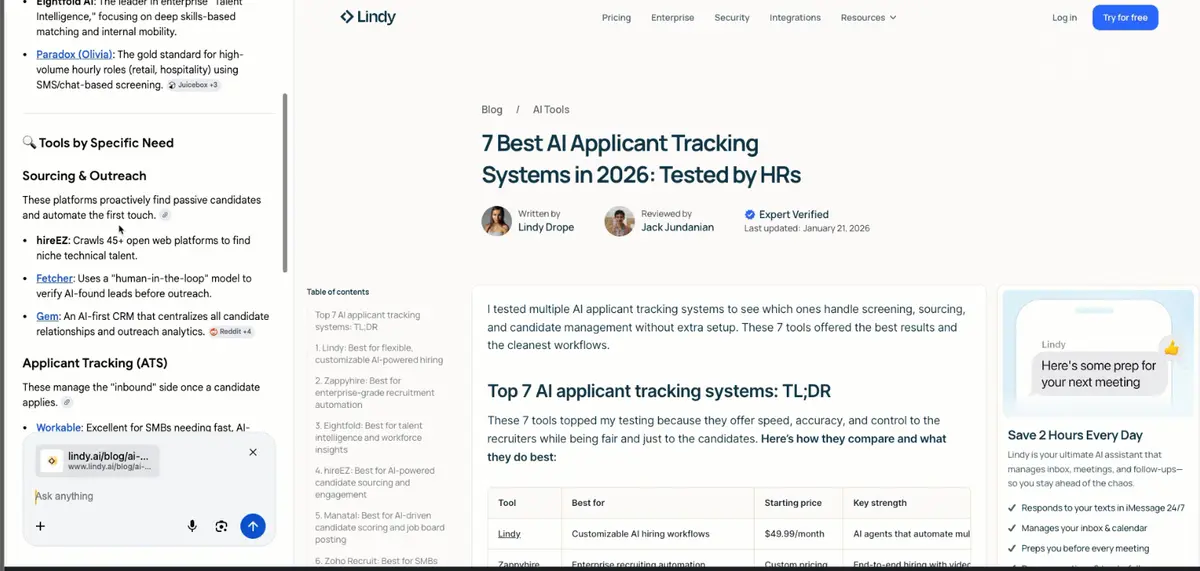 Picture from Google AI Mode search results when a link has been clicked and a new side-by-side view is activated, keeping the users inside the LLM instead of directing the traffic to a website.