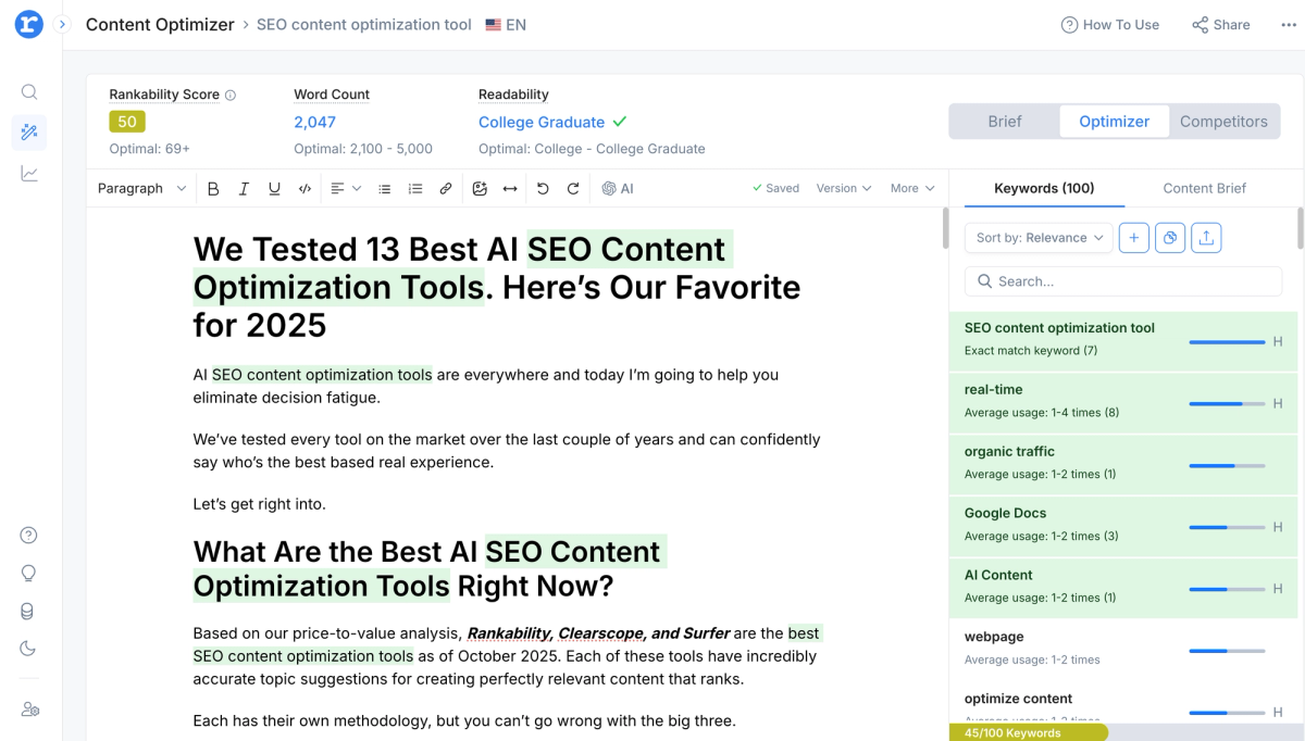 Rankability AI SEO Platform Dashboard showing content optimization and AI search tracking