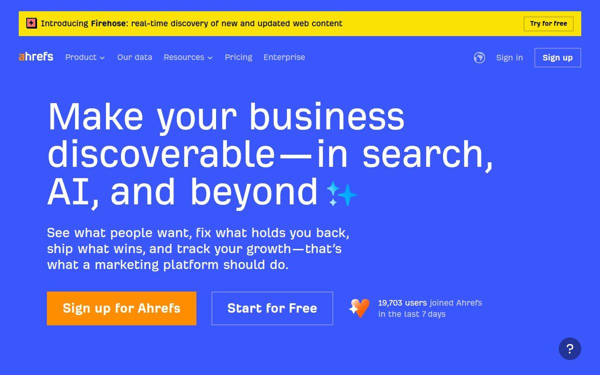 Ahrefs homepage showing SEO toolset with AI search tracking