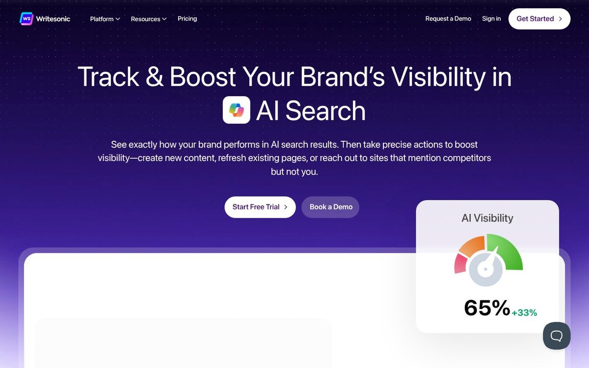 Writesonic homepage showing AI content and search optimization platform
