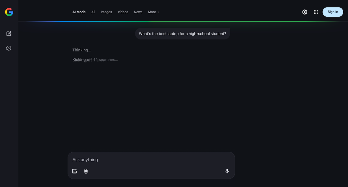 Google AI Mode interface displaying the query “What’s the best laptop for a high-school student?” and initiating several simultaneous searches, demonstrating query fan-out retrieval behavior.