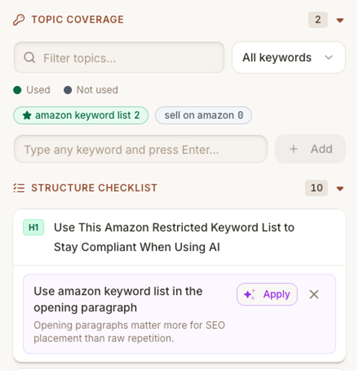 Frase's optimization checklist shows topic coverage and a suggested structural edit to apply during content review.