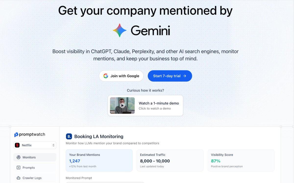 Promptwatch homepage displaying “Get your company mentioned by Gemini” The platform tracks brand mentions, citations, and visibility across ChatGPT, Perplexity, and other AI assistants, helping companies measure presence in generative responses.