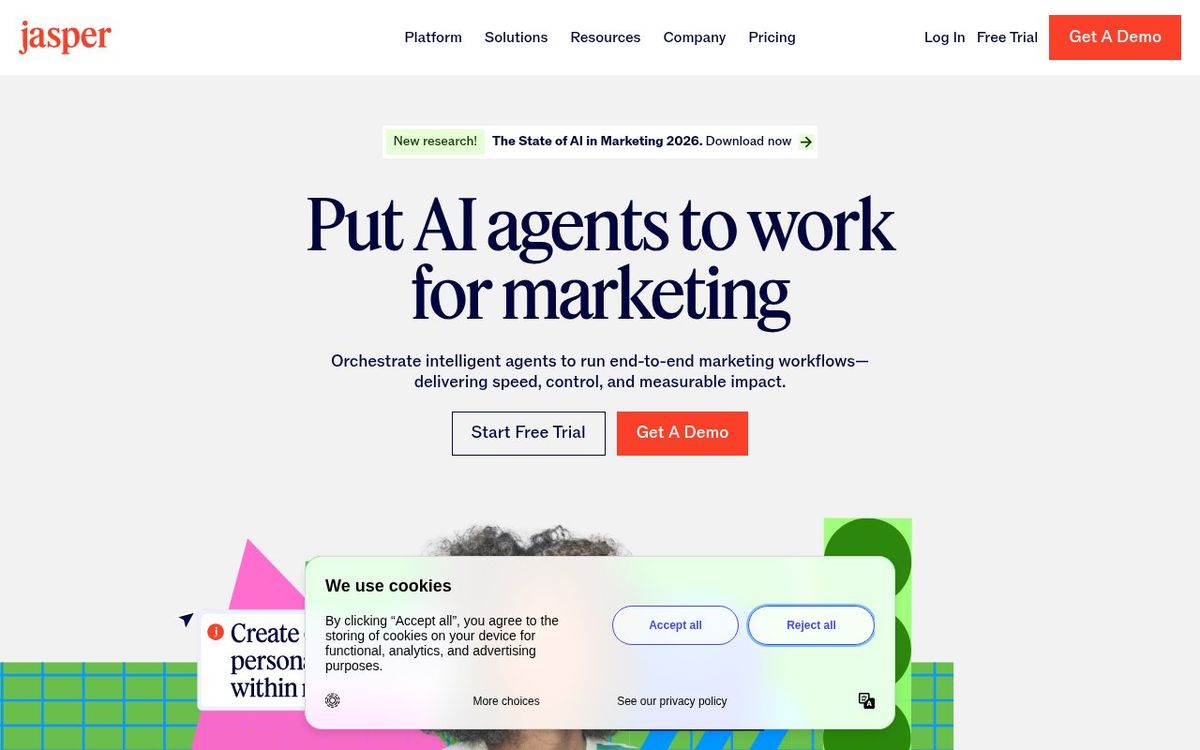 Jasper AI homepage showing agentic AI marketing platform with content pipeline features