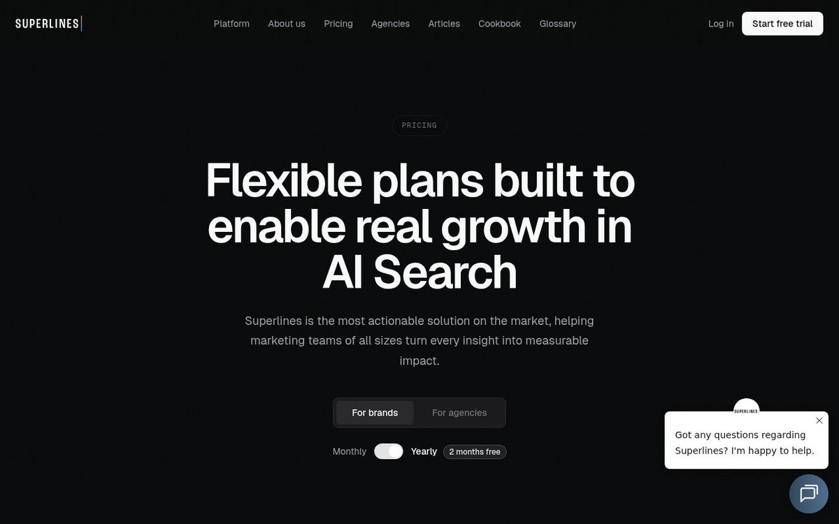 Superlines pricing page showing Starter and Growth plan tiers with Article Generator and Schema Optimizer included
