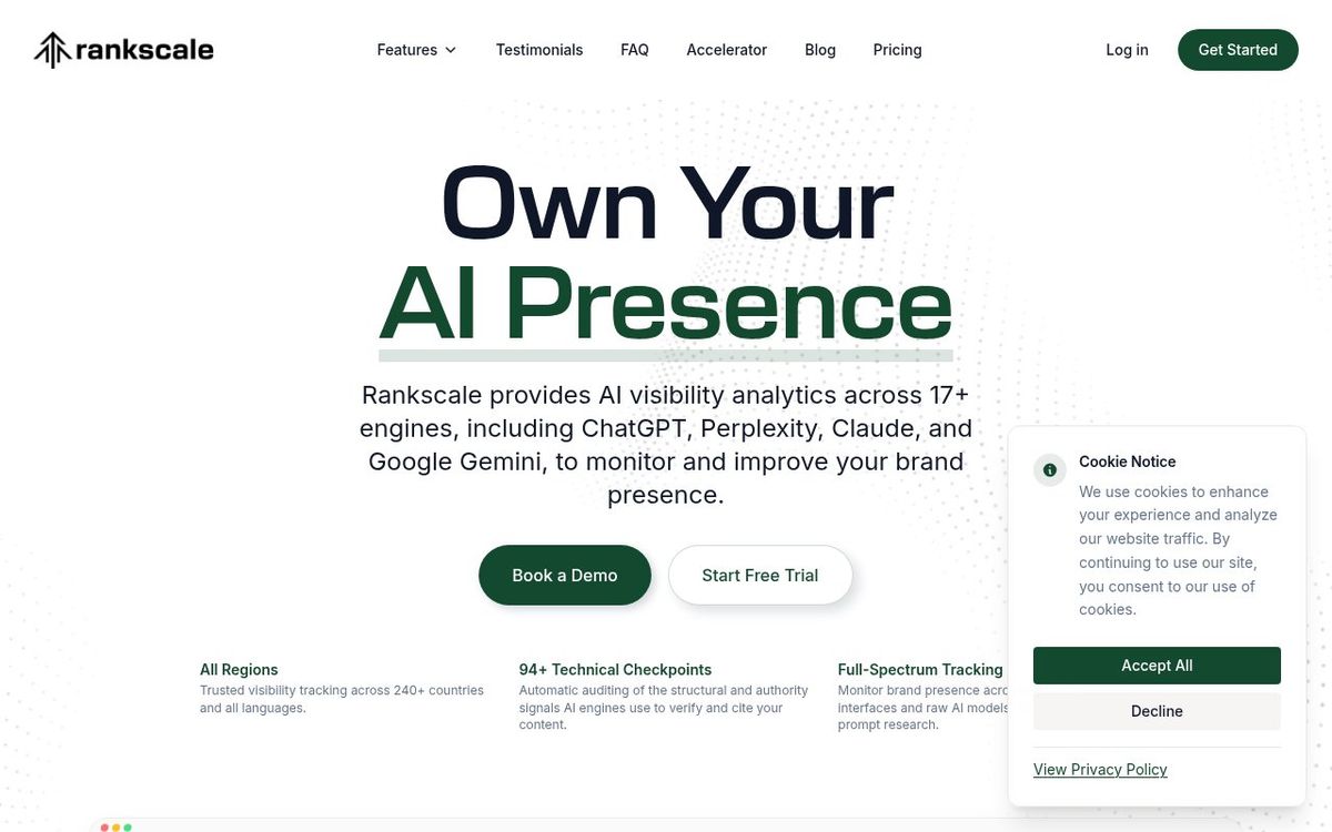 Rankscale AI visibility tracker homepage showing share of voice and citation analysis features