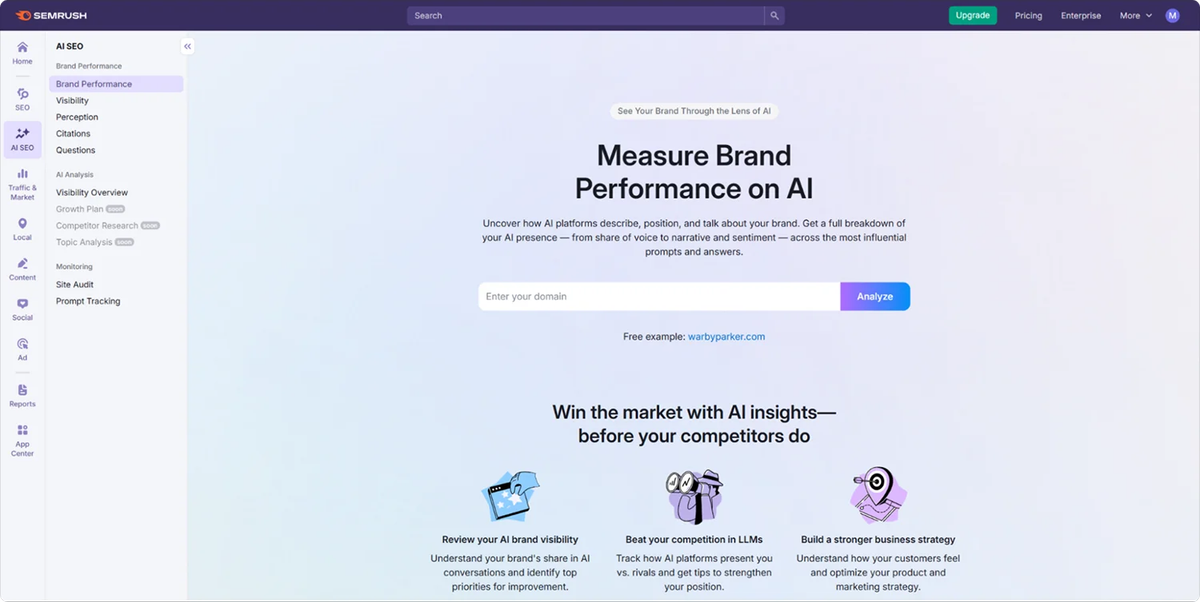 Screenshot of Semrush’s AI SEO section titled “Measure Brand Performance on AI,” displaying the prompt tracking interface with options for brand performance, visibility, and competitor analysis — positioning Semrush within the emerging GEO analytics market.