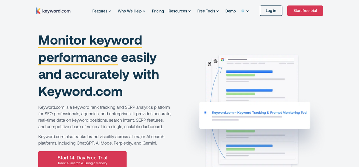 Keyword.com dashboard showing daily rank updates with AI Overviews and SERP feature detection.