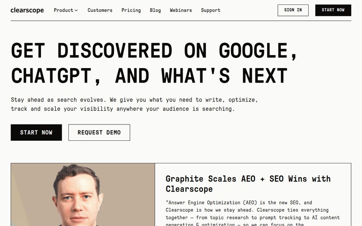 Clearscope homepage showing content optimization and AI search discovery platform