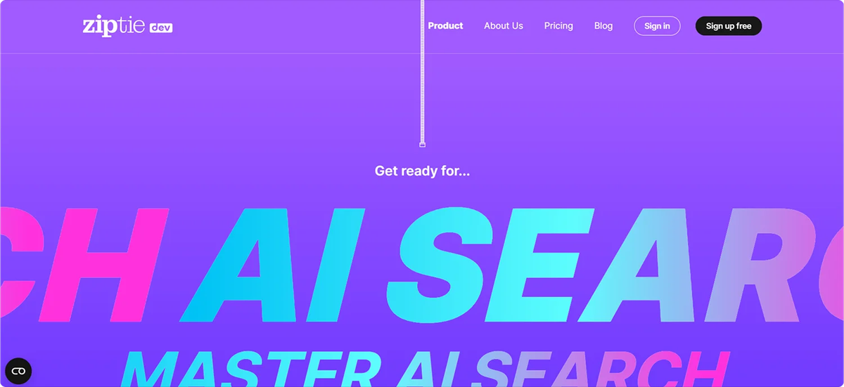 Ziptie.dev homepage with bold gradient headline “Master AI Search.” The platform promotes AI search optimization and readiness for the generative search era.