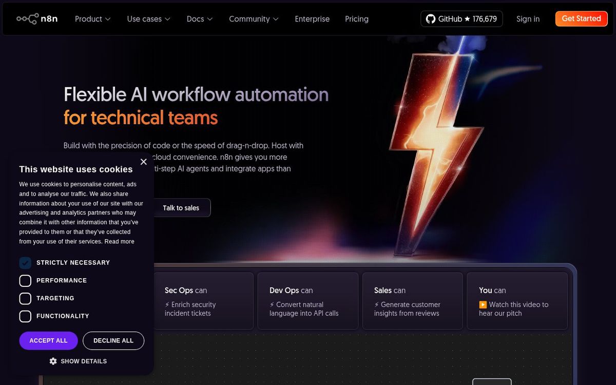 n8n homepage showing workflow automation platform for AI content pipelines