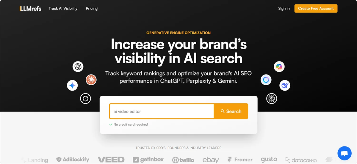 LLMrefs homepage with “Increase Your Brand’s Visibility in AI Search.” The site highlights tracking keyword rankings and optimizing brand performance in ChatGPT, Perplexity, and Gemini using Generative Engine Optimization.