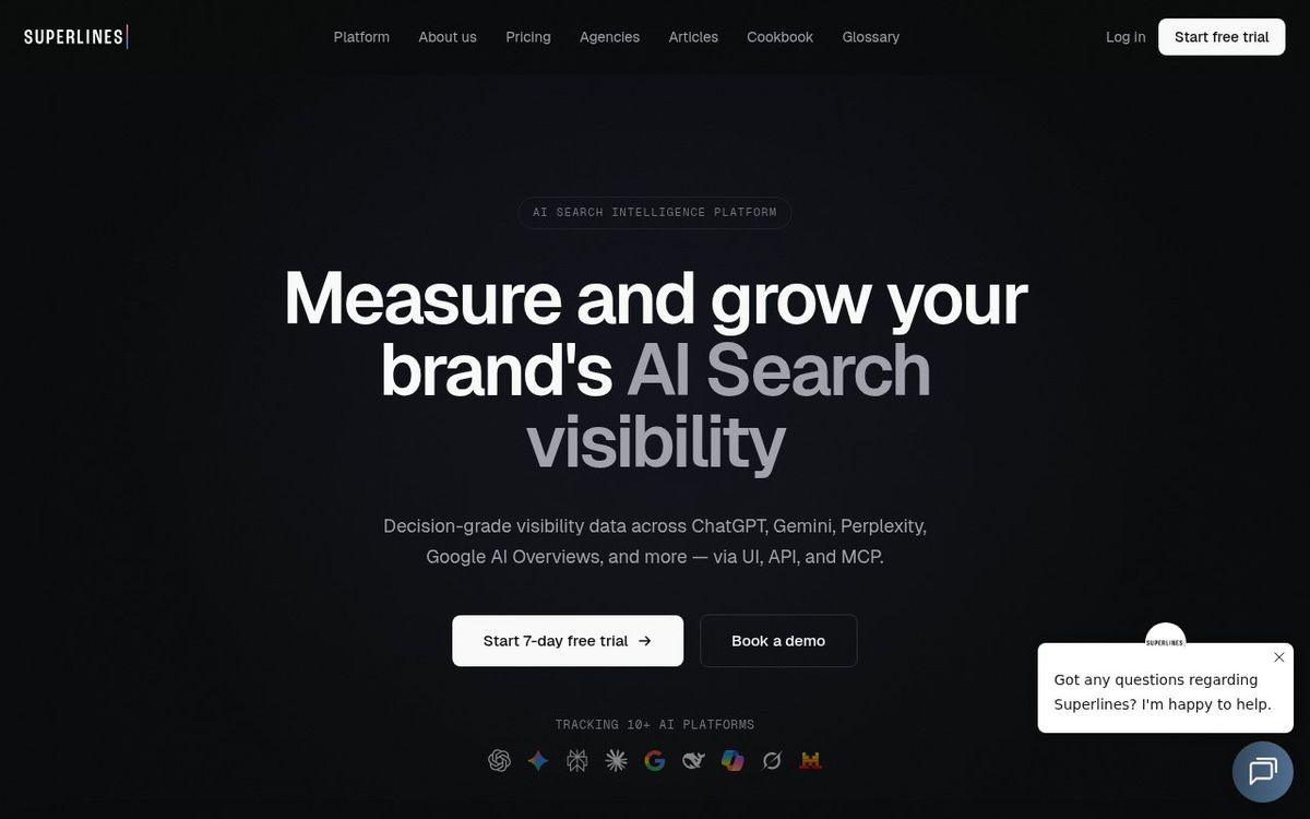 Superlines homepage showing the agentic AI search optimization platform with brand visibility tracking dashboard