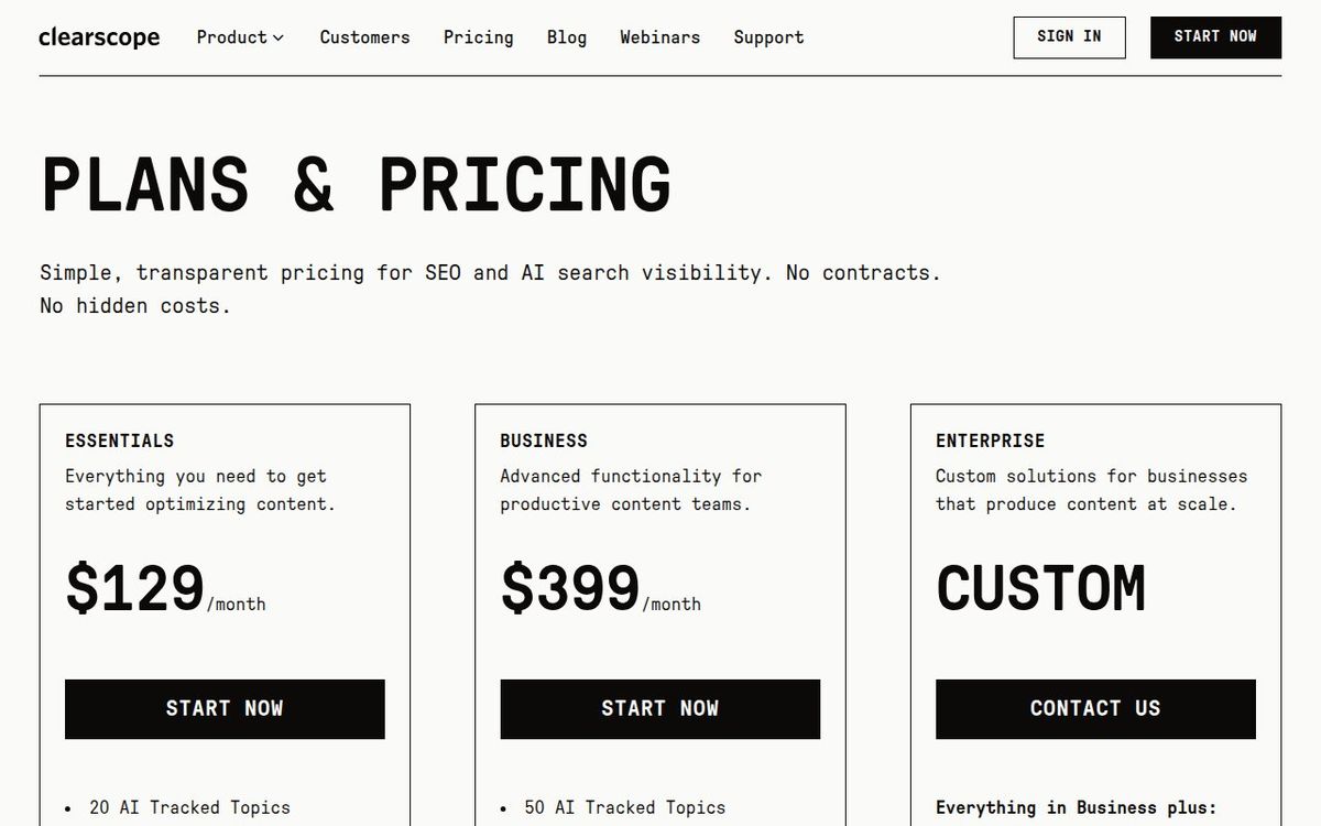 Clearscope pricing page showing Essentials, Business, and Enterprise plan tiers