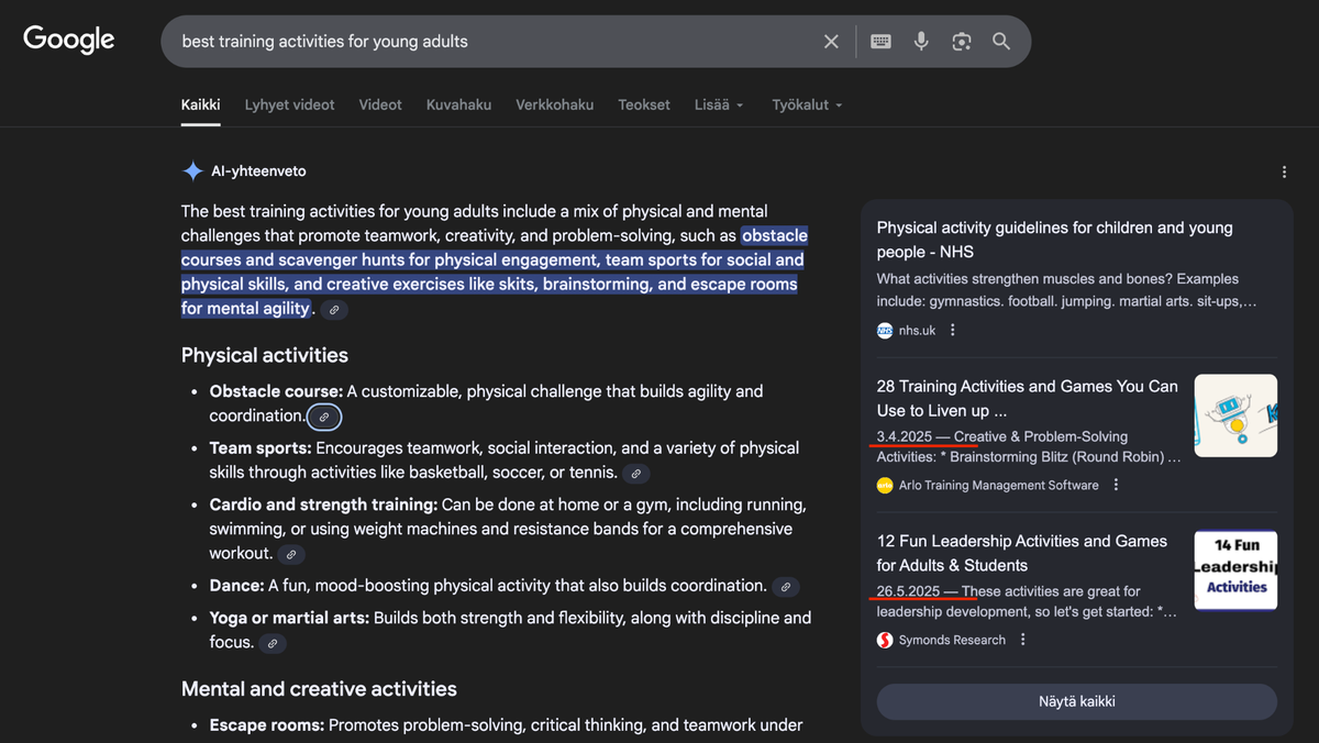 A Google AI Overview showcasing how AI models summarize multiple training and activity ideas into a single response with citations..