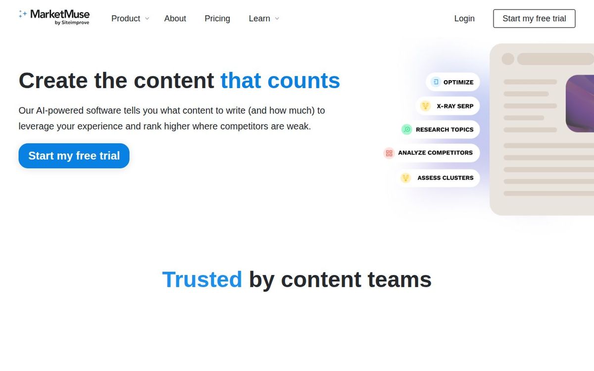 MarketMuse homepage showing AI content planning and optimization platform