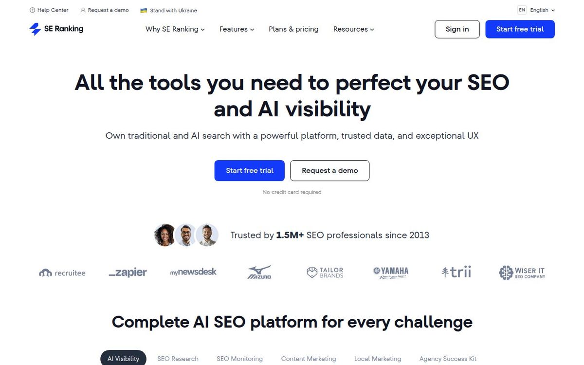 SE Ranking homepage showing SEO platform with AI visibility features