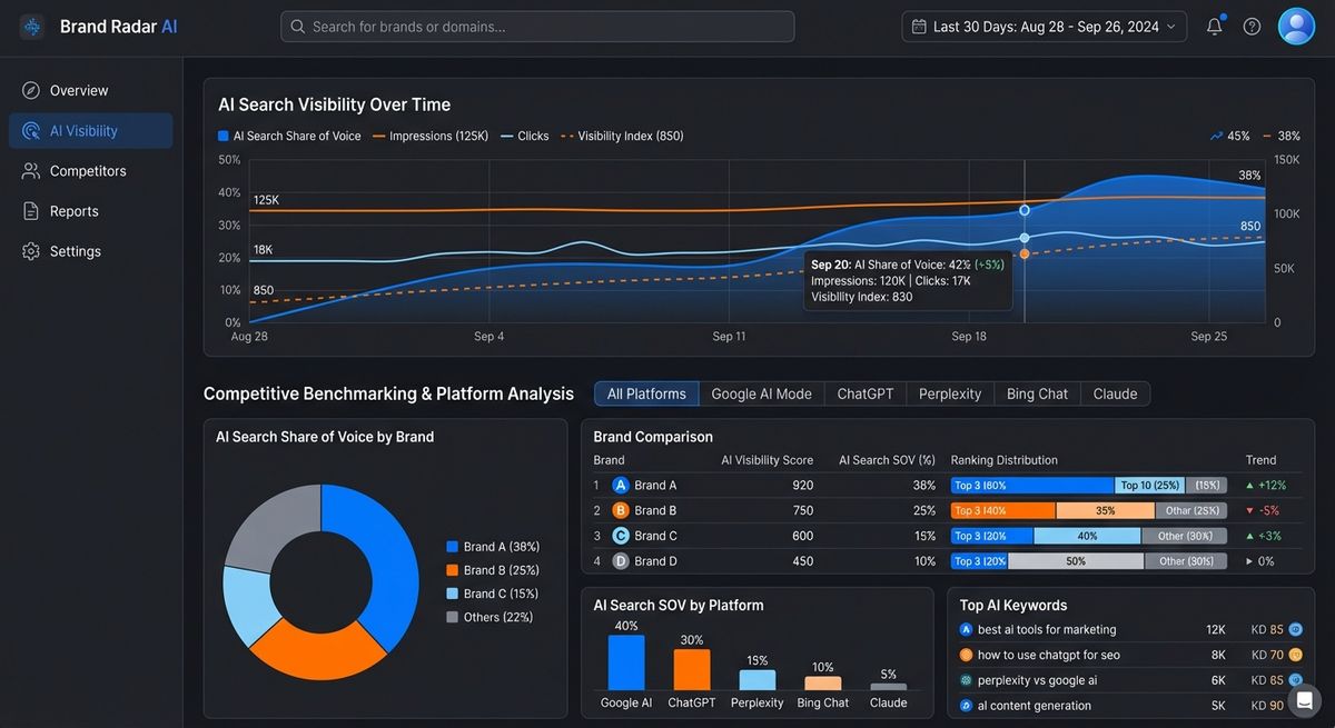 Ahrefs Brand Radar interface showing competitive benchmarking across AI platforms including Google AI Mode.