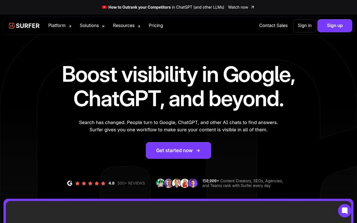Surfer SEO homepage showing AI content optimization platform with visibility tracking across Google, Gemini, ChatGPT, and Perplexity