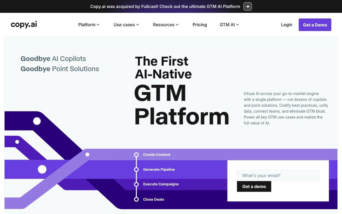 Copy.ai homepage showing AI-powered GTM workflow automation platform