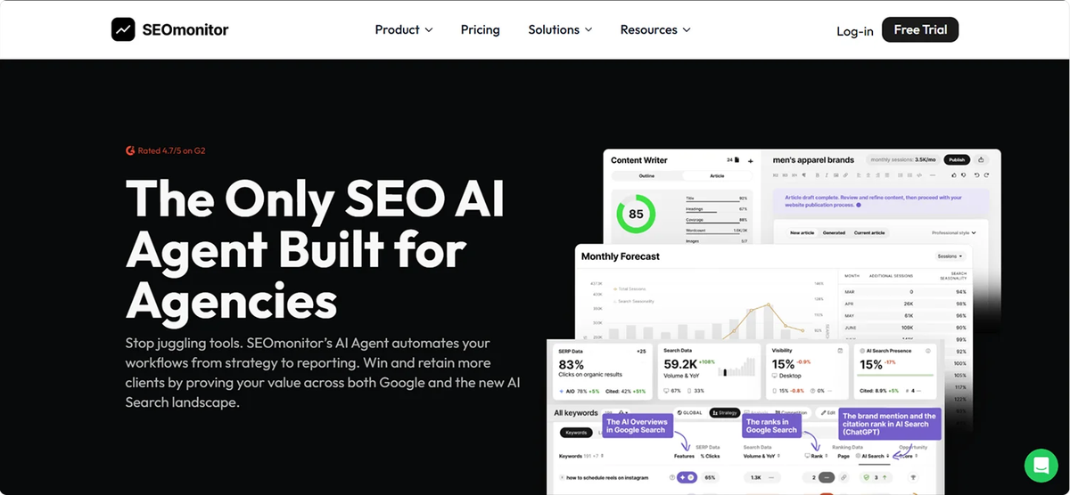 Screenshot of SEOMonitor’s homepage displaying the tagline “The Only SEO AI Agent Built for Agencies,” featuring content performance dashboards and visibility metrics that illustrate its GEO and AI Search optimization capabilities.